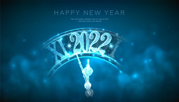 Vecteur bannière de félicitations de bonne année 2022 dans un style futuriste abstrait avec une horloge