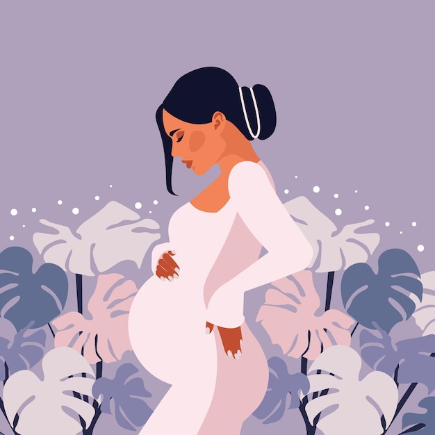 Vecteur bannière avec femme enceinte élégante future maman étreignant le ventre avec les bras bonne fête des mères plat