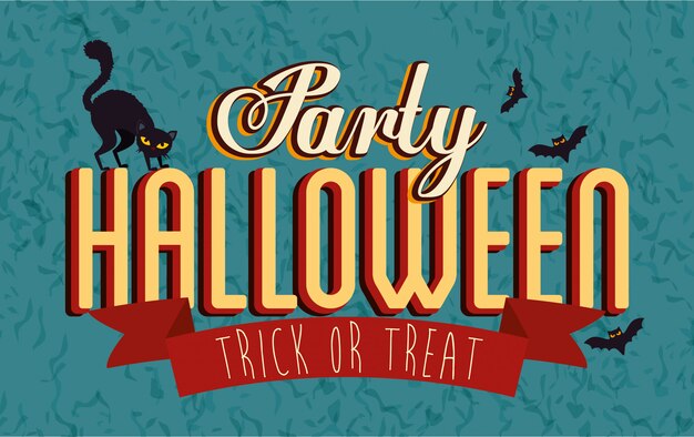 bannière de la fête halloween avec chat noir et chauves-souris volant