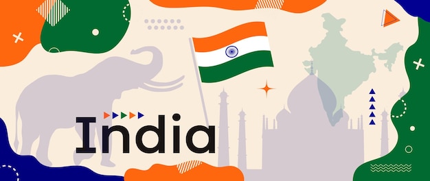 Vecteur bannière de la fête de la république de l'inde avec le drapeau indien et la carte du pays le monument du palais du taj mahal et l'éléphant