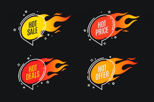 Vecteur bannière de feu promotion plat linéaire, étiquette de prix, vente chaude, offre