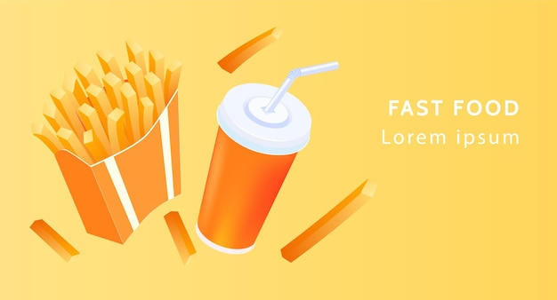 Bannière avec frites et illustration vectorielle de concept de restauration rapide cola