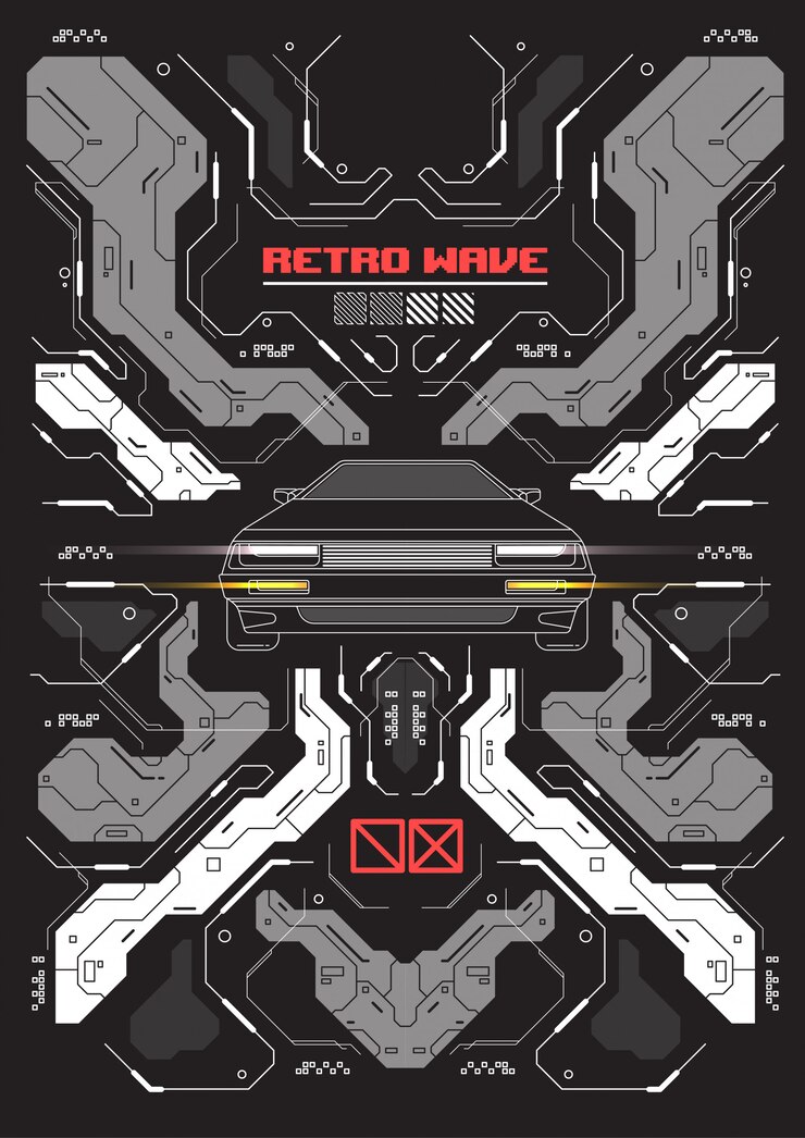 Vecteur bannière futuriste cyberpunk avec voiture rétro abstraite.