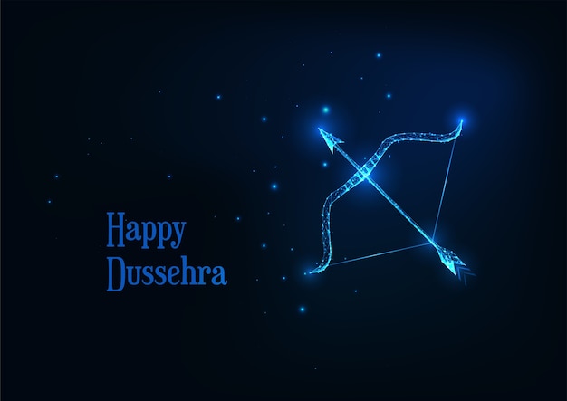 Bannière futuriste Happy Dussehra avec faible polygonale rougeoyante sur flèche et arc fond bleu foncé.