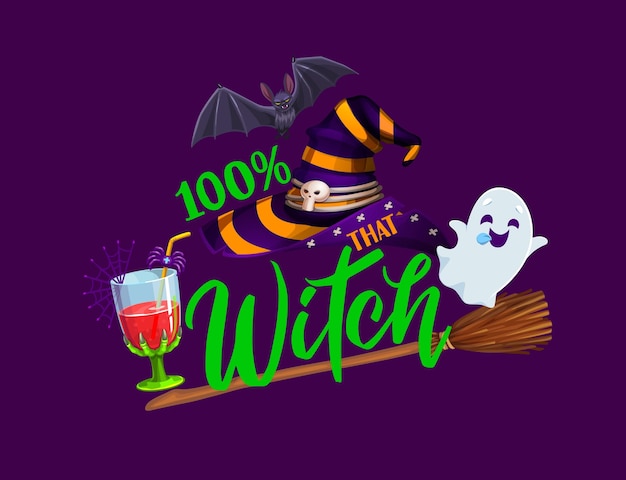 Vecteur bannière d'halloween avec chapeau de sorcière cocktail fantôme kawaii et balai vacances d'halloween et trucs ou friandises monstres de nuit personnages vectoriels dessin animé fantôme volant avec boisson magique sur fond violet