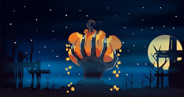 Bannière d'Halloween avec une main tenant une citrouille sur un cimetière dans le brouillard et une nuit étoilée
