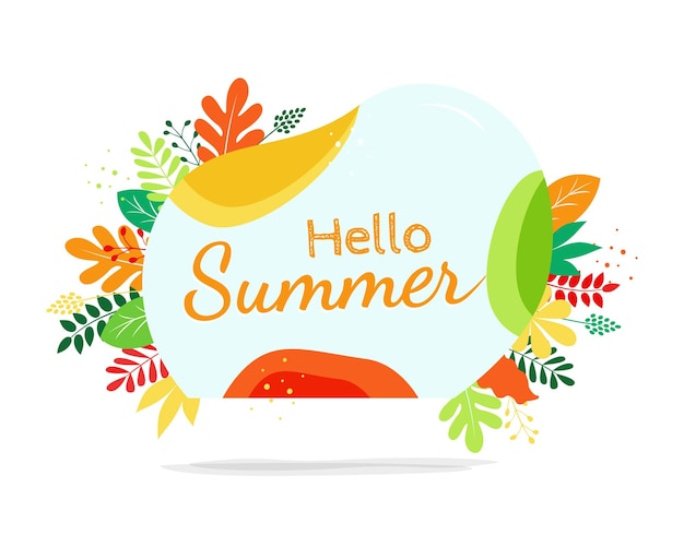 Vecteur bannière hello summer sur bulle bleue avec illustration de feuilles lumineuses