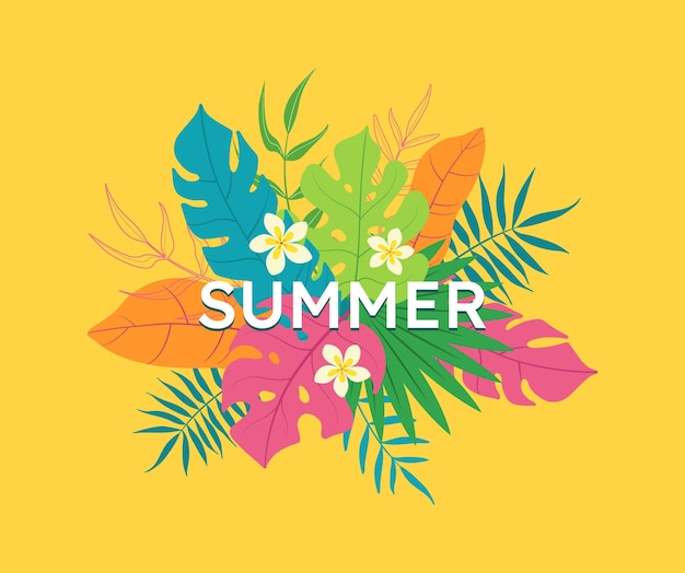 Bannière de l'heure d'été fond jaune vif créatif avec affiche de carte de feuilles et de fleurs tropicales