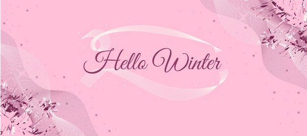 Bannière d'hiver avec des vagues abstraites, de la neige et des feuilles d'aquarelle sur fond rose