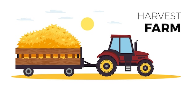 Bannière horizontale de balles de foin avec texte modifiable et images de camion agrimitor avec illustration vectorielle soleil et nuages