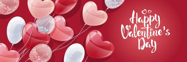 Vecteur bannière horizontale avec ballons design pour la saint-valentin et la fête des mères affiche de fond avec des ballons à l'hélium volants en forme de coeur