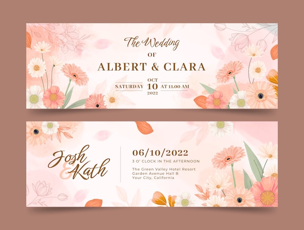 Bannière horizontale florale de mariage aquarelle