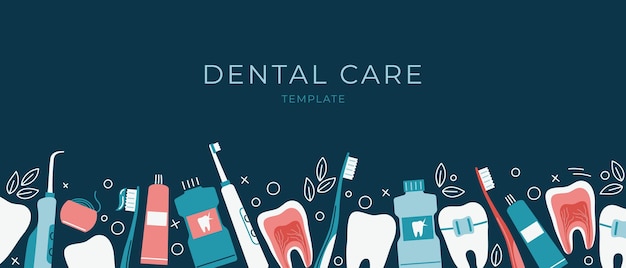 Bannière horizontale de soins dentaires avec des icônes de nettoyage des dents
