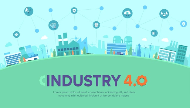 Bannière De L'industrie 4.0 Avec Icône De Productions Sur Paysage Urbain