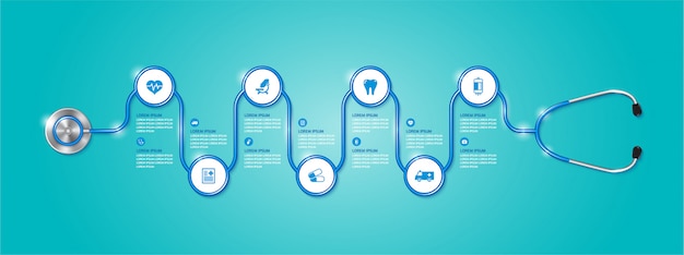 Vecteur bannière infographie santé et stéthoscope médical et icônes plats