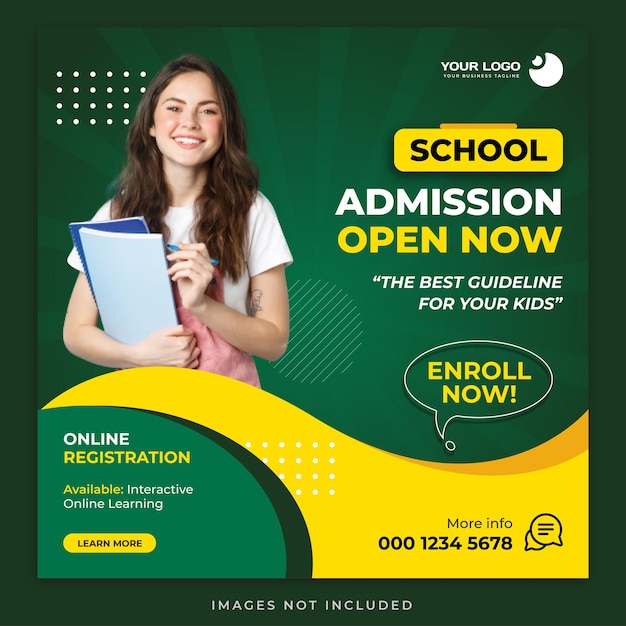 Bannière Instagram promotionnelle d'admission à l'école ou modèle de publication sur les réseaux sociaux