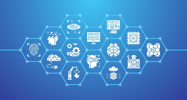 Bannière d'intelligence artificielle avec icônes de contour Bannière horizontale de la base de données Robotics Chatbot