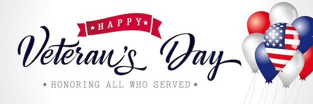 Bannière Internet Horizontale Happy Veterans Day Usa Avec Ballons 3d Et Texte Vintage.