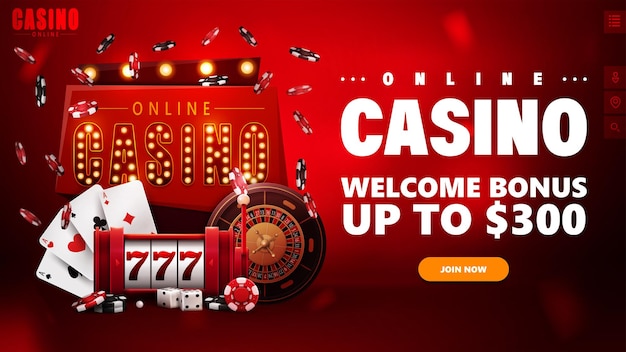 Bannière D'invitation Rouge De Casino En Ligne Pour Site Web Avec Machine à Sous Rétro Enseigne Casino Roulette Jetons De Poker Et Cartes à Jouer