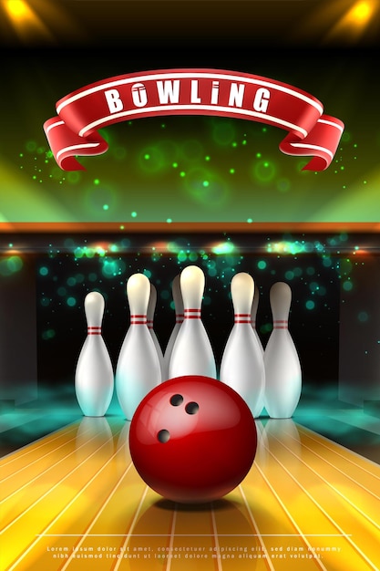 Bannière De Jeu De Bowling Avec Boule Rouge Sur La Voie Et Quilles Blanches En Fumée Néon.