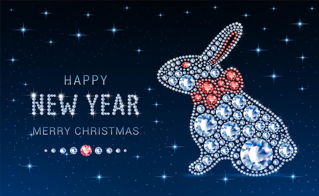 Vecteur bannière avec de jolis bijoux de lapin en diamant pour noël et le nouvel an selon le calendrier chinois