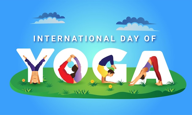 Vecteur bannière de la journée internationale du yoga avec pose de yoga selon la lettre