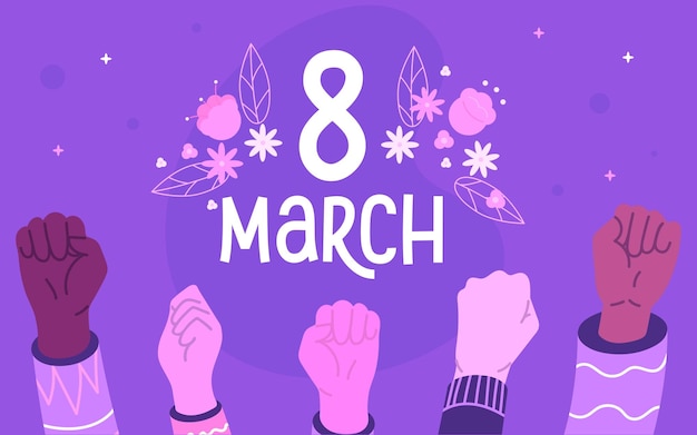Bannière de la Journée internationale de la femme avec les mains levées le 8 mars