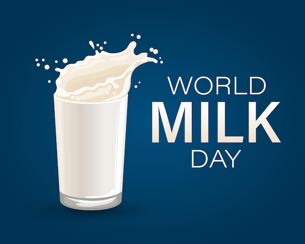 Vecteur bannière de la journée mondiale du lait verre avec éclaboussures de lait et texte affiche illustration vecteur