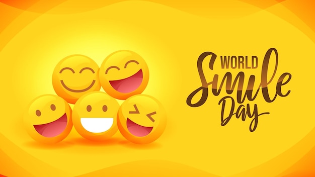 Vecteur bannière de la journée mondiale du sourire avec emoji souriant et calligraphie à la main