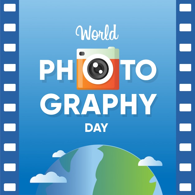 Bannière De La Journée Mondiale De La Photographie Avec Du Papier En Rouleau Et Fond De Globe Terrestre