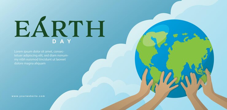 Bannière de la journée mondiale de la terre avec les mains tenant la terre dans un fond de nuage bleu