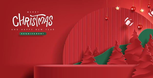 Bannière joyeux Noël avec affichage du produit et décoration festive pour fond rouge de Noël