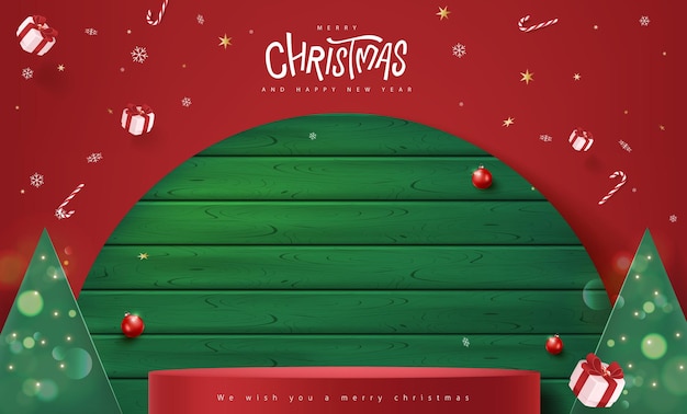 Bannière De Joyeux Noël Avec Affichage De Produit De Forme Cylindrique Et Toile De Fond En Bois Vert