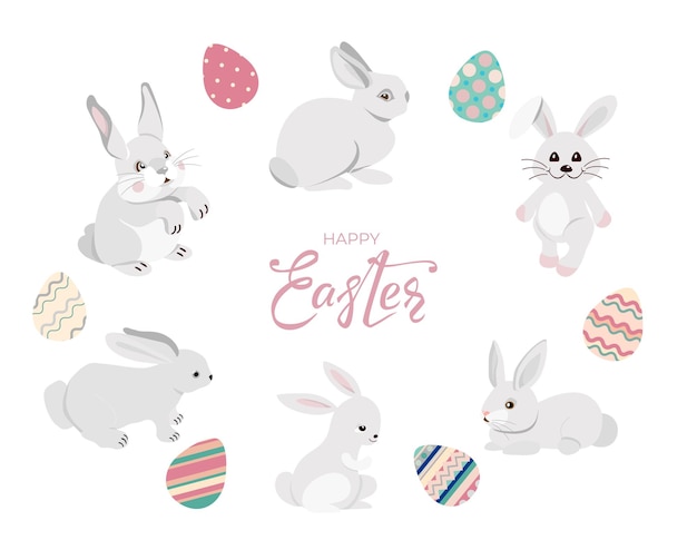 Vecteur bannière de lapins de joyeuses pâques avec des oeufs de lapins et texte de lettrage dessiné à la main ensemble de lièvres mignons dans différentes poses sur fond blanc pour les cartes de voeux bannières invitation illustration vectorielle