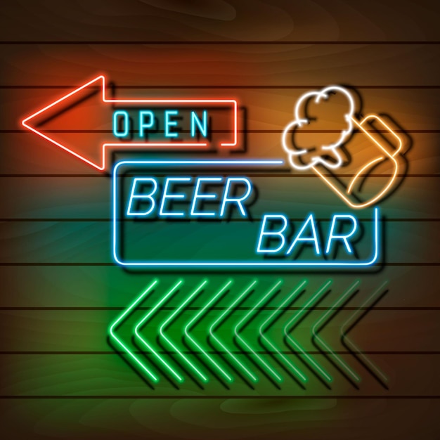 Vecteur bannière lumineuse au néon de bar à bière sur un mur en bois. signe bleu et orange. élément rétro réaliste décoratif pour la conception de sites web