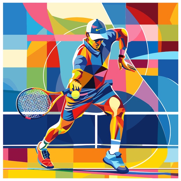 Vecteur une bannière lumineuse, colorée et carrée avec un joueur de tennis.