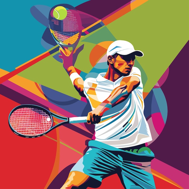 Vecteur une bannière lumineuse, colorée et carrée avec un joueur de tennis.
