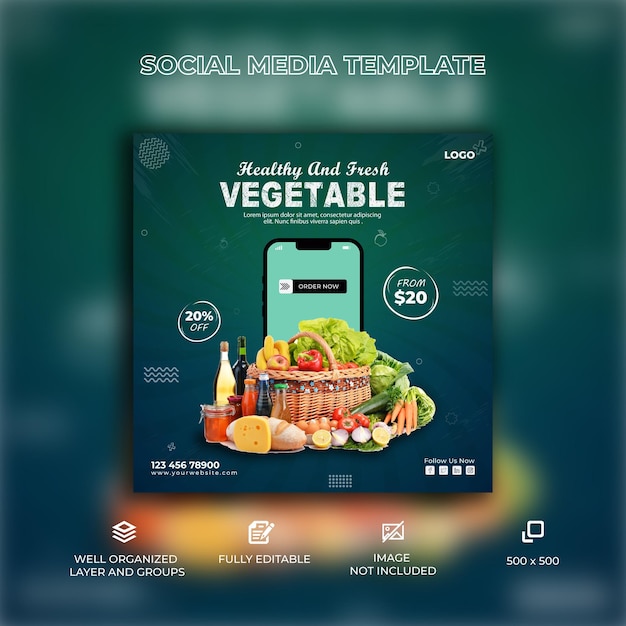 Bannière de médias sociaux d'épicerie de légumes et de fruits et modèle de publication instagram