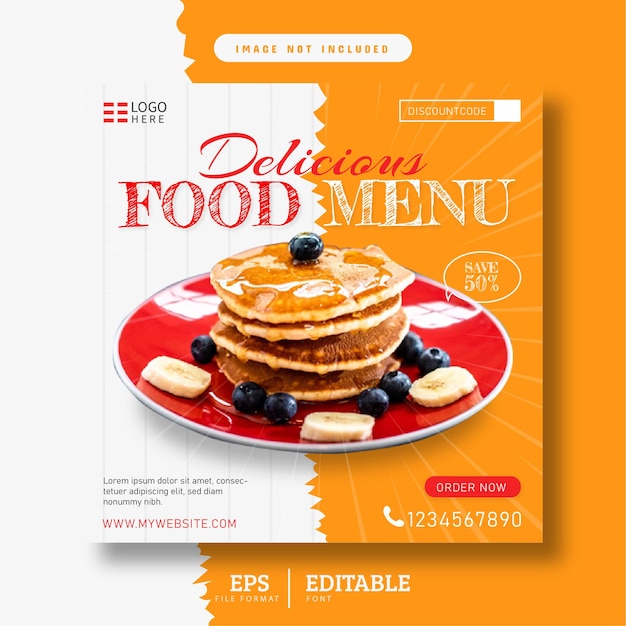 Bannière de médias sociaux de restaurant de menu de crêpes délicieuses