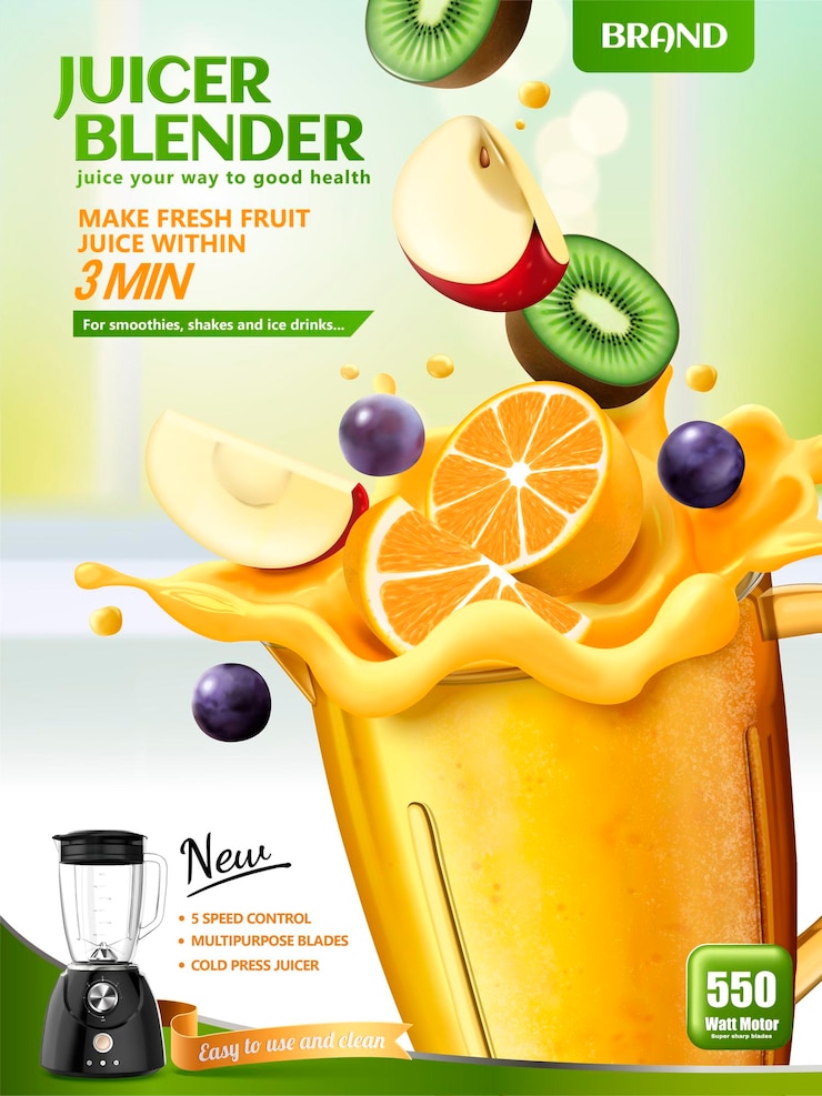 Vecteur bannière de mélangeur de presse-agrumes avec des fruits frais en tranches tombant dans un récipient sur une surface de cuisine bokeh, illustration 3d