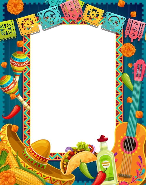 Vecteur bannière mexicaine de dia de los muertos avec des drapeaux de papel picado, une guitare et des fleurs de marigold, un fond vectoriel, des vacances mexicaines du jour des morts, de la tequila et des maracas, des tacos et de la teqila dans le cadre du papel picado.
