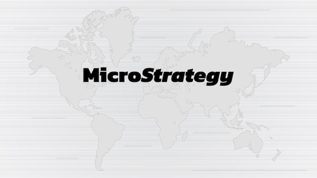 Bannière MicroStrategy Incorporated avec carte du monde sur fond blanc Entreprise qui achète des bitcoins et d'autres pièces numériques et pousse le marché vers le haut
