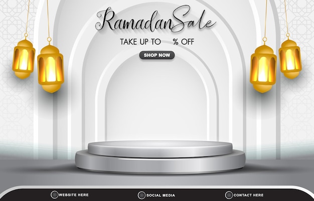 Bannière de modèle de réduction de vente ramadan élégant avec espace vide podium 3d pour la vente de produits avec un design de fond blanc dégradé abstrait