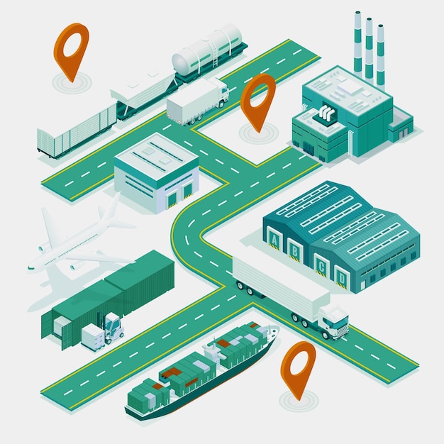 Bannière De Modèle Web Réseau Logistique Mondial Illustration Isométrique Du Fret Aérien Camionnage Transport Ferroviaire Transport Maritime Livraison à Temps Véhicules Conçus Pour Transporter Un Grand Nombre De Marchandises