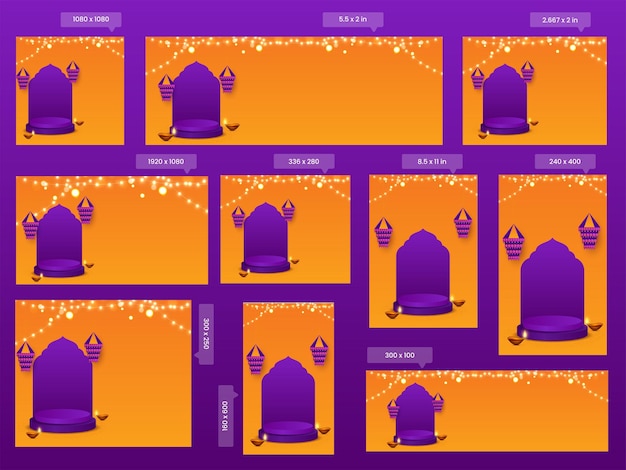 Bannière Et Modèles De Médias Sociaux Sertis De Lampes À Huile Illuminées De Podium Vide Diya Lanternes Traditionnelles De Kandeel Allumant La Guirlande Bokeh Sur Fond Orange Et Violet