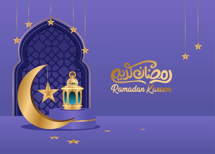 Vecteur la bannière moderne du ramadan kareem, le podium, la calligraphie arabe, la lanterne, le croissant, la lune, les étoiles et la mosquée.