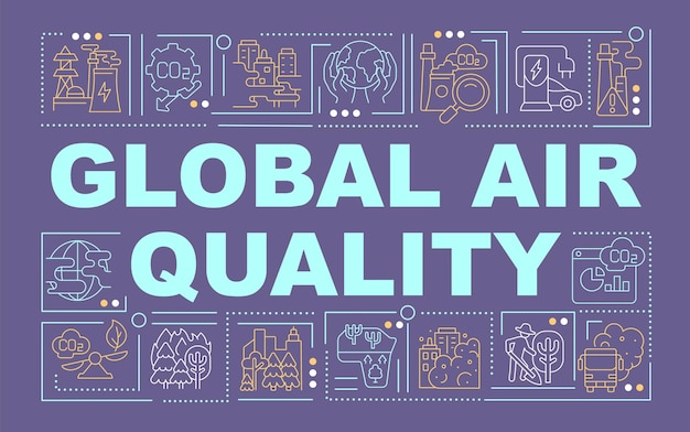 Bannière Mondiale De Concepts De Mots De Qualité De L'air. évaluer L'impact Potentiel. Infographie Avec Des Icônes Linéaires Sur Fond Violet. Typographie Créative Isolée. Illustration De Couleur De Contour Vectoriel Avec Texte