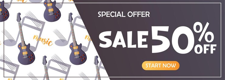 Vecteur bannière à motif de guitare électrique avec vente et remise