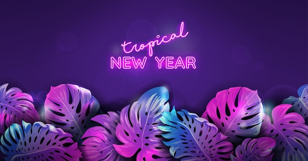 Bannière de néon tropique de Noël, conception de feuilles de palmier de monstera de plage d'hiver, fond tropical de Noël, illustration vectorielle d'affiche de fête de paradis d'hiver, modèle violet vibrant avec place de texte