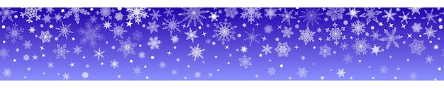 Bannière De Noël De Divers Grands Et Petits Flocons De Neige Complexes Avec Répétition Horizontale Transparente, Blanc Sur Fond Bleu
